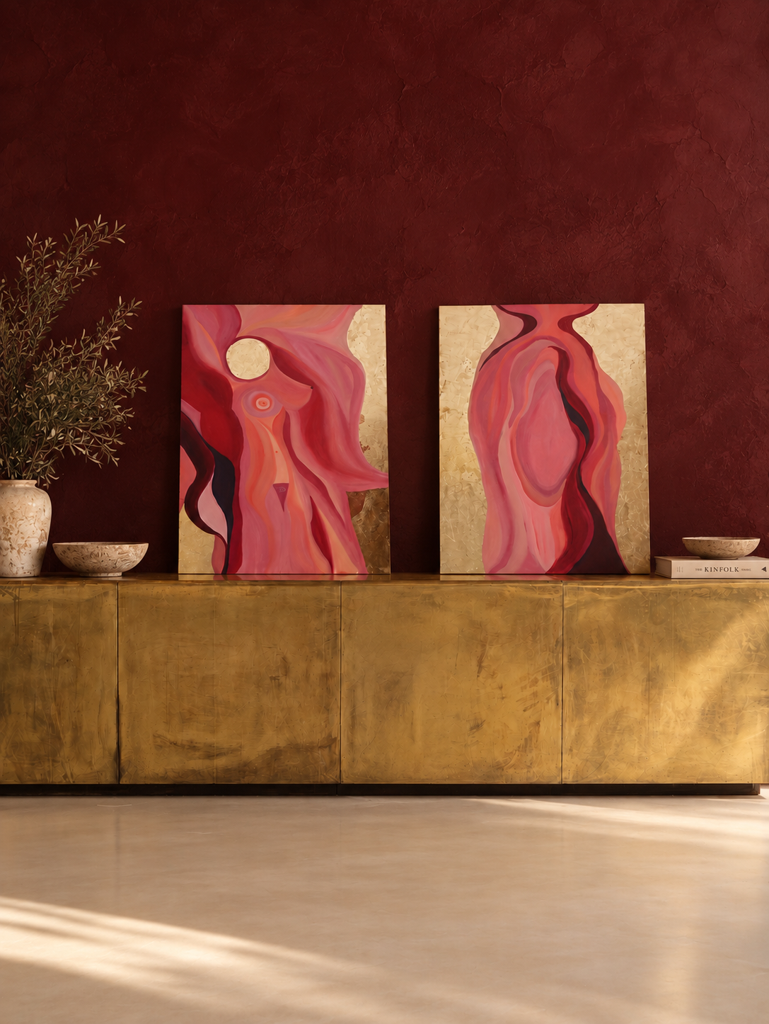 Source of Flowing Gold – Original Abstract Oil Painting Diptych | Gold, Pink & Red