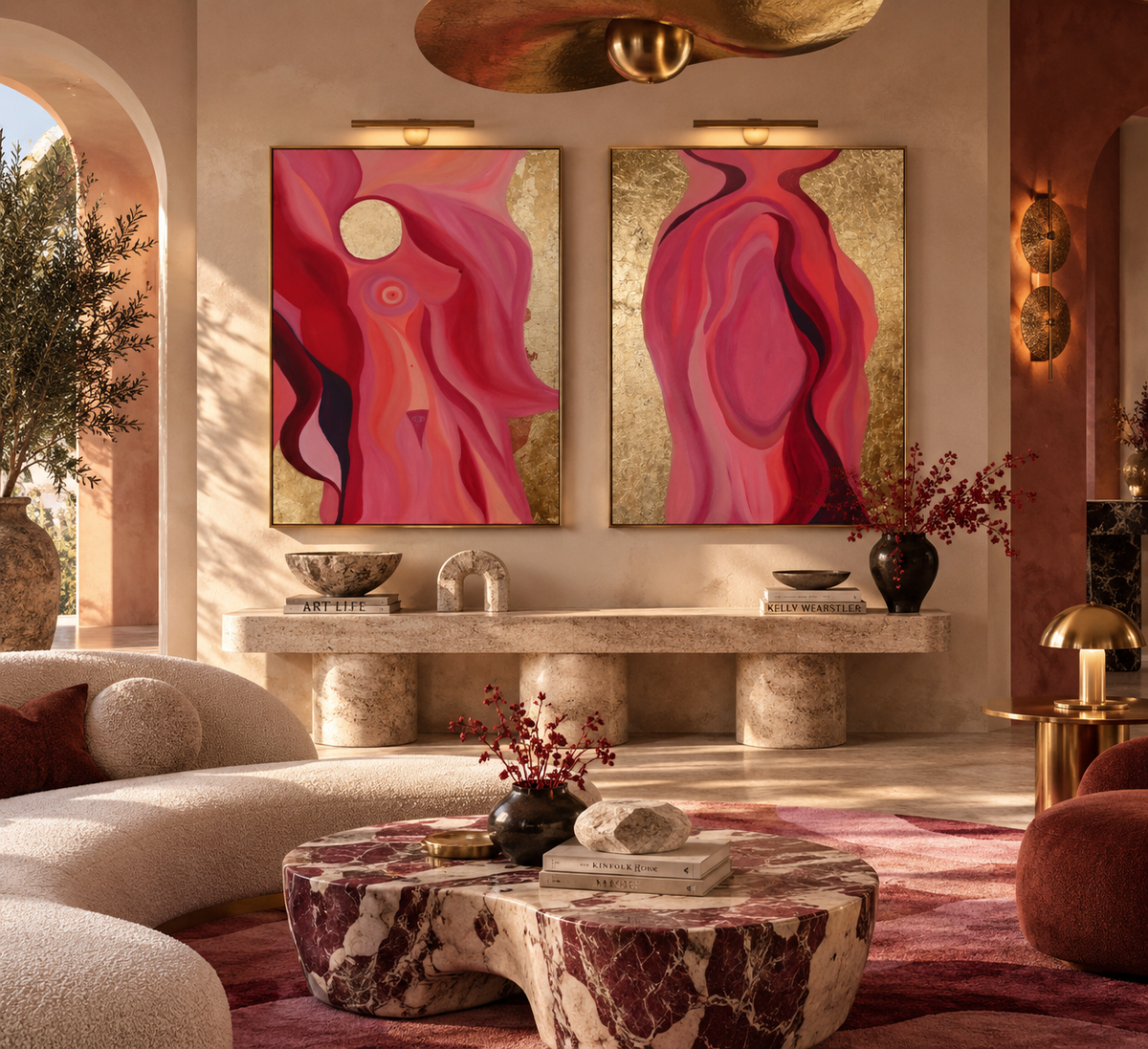 Two large abstract wall art panels in vivid pink, red, and gold tones hang above a stone console in a warm, upscale living room with a curved sofa, marble coffee table, and terracotta rug.