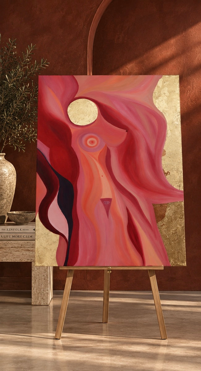Source of Flowing Gold, Original Oil Painting Set of 2, 48x36 Pink Red Gold Abstract Art, Large Statement Wall Art, Luxury Decor